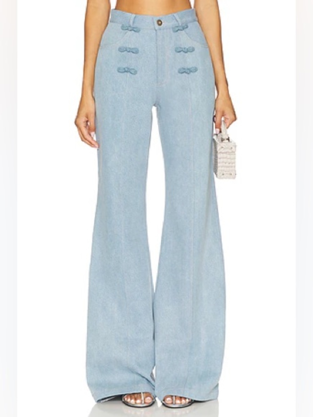 SAU LEE Light Wash Wide Leg Jeans with Knot Details Distressed hem Bottom